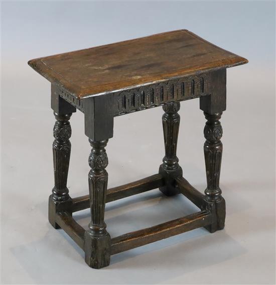 A James I oak joint stool, 1ft. 6in. x 10.75in. H.1ft 4.5in.